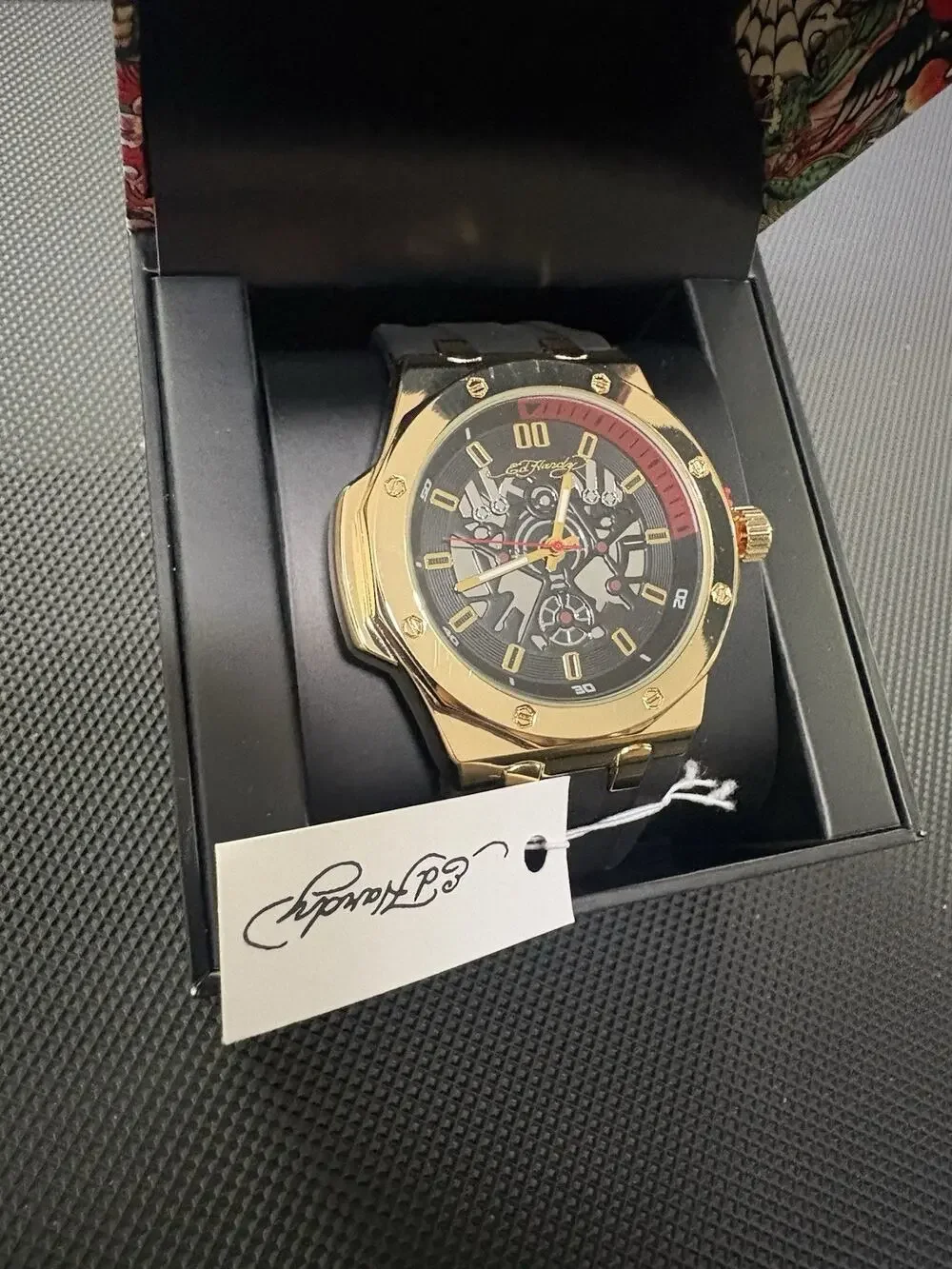Ed Hardy York Men's Quartz Analog Watch Gold Tone Case Black Rubber Strap w/ Box